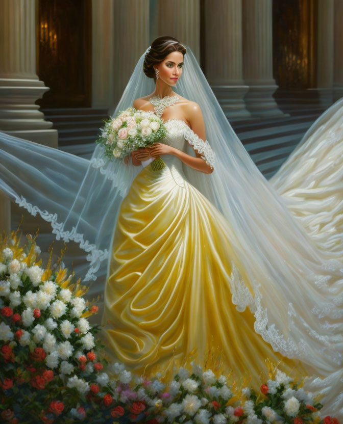 Elegant woman in golden wedding dress with bouquet and lace-trimmed veil