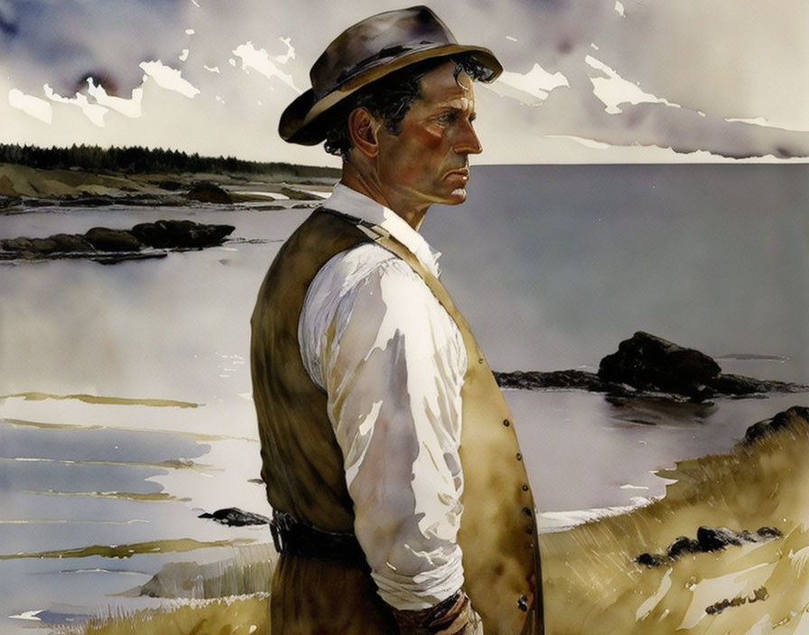 Pensive man in hat and suspenders with seascape background