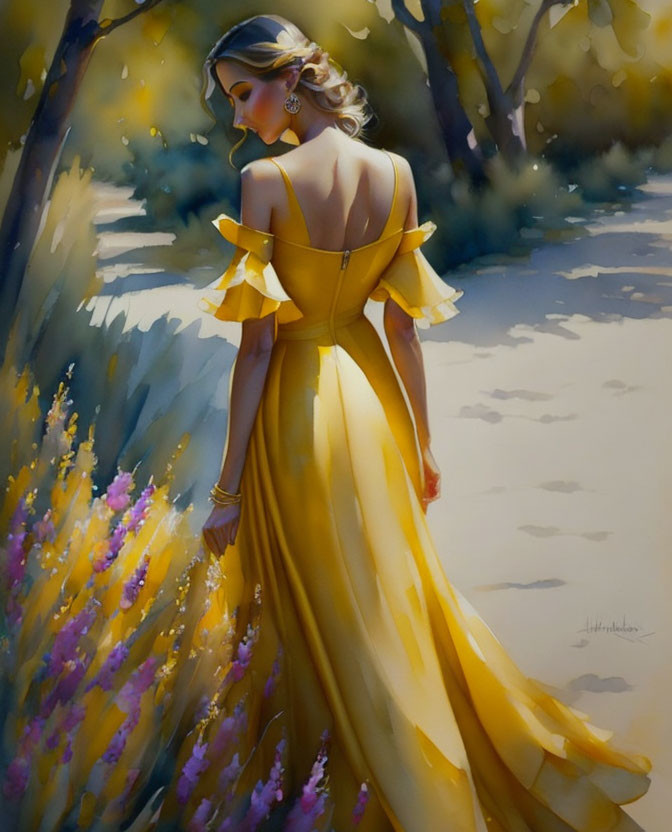 Woman in Yellow Off-Shoulder Gown Walking Among Purple Flowers