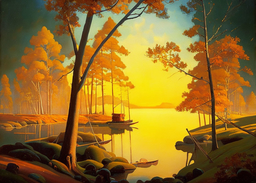 Tranquil autumn sunset landscape with lake, trees, and boat