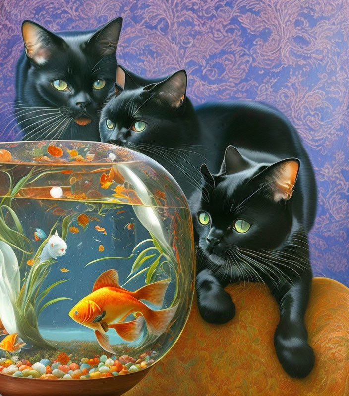 Three black cats with green eyes observing goldfish in a fishbowl on purple patterned surface