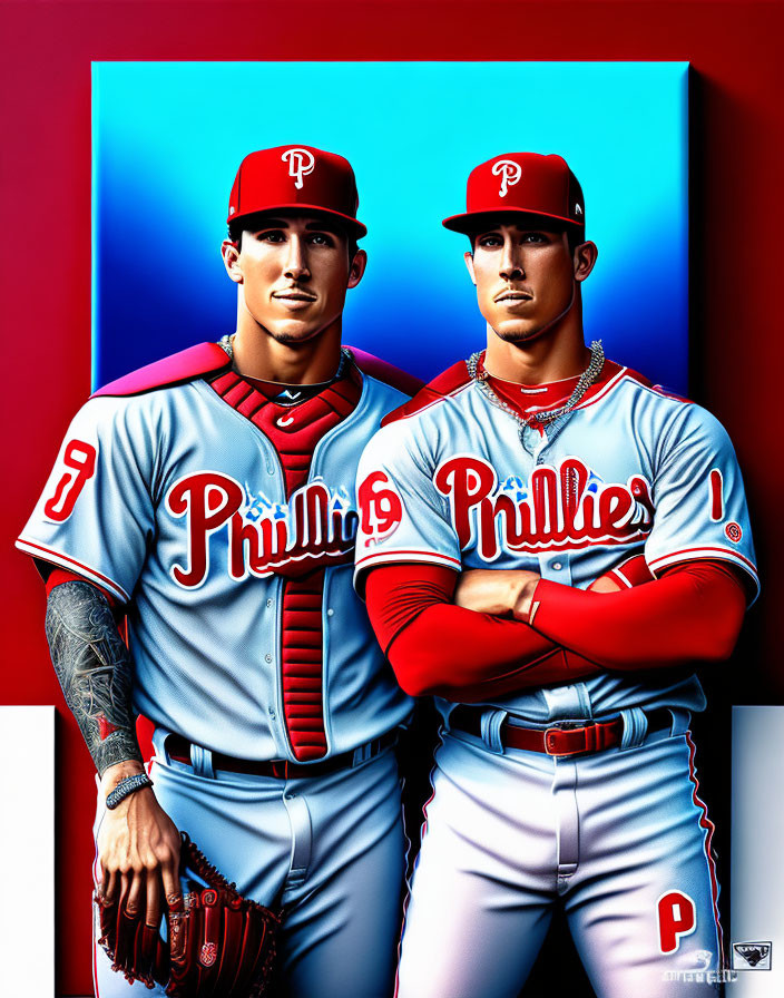 Illustrated baseball players in Phillies uniforms against red and blue backdrop