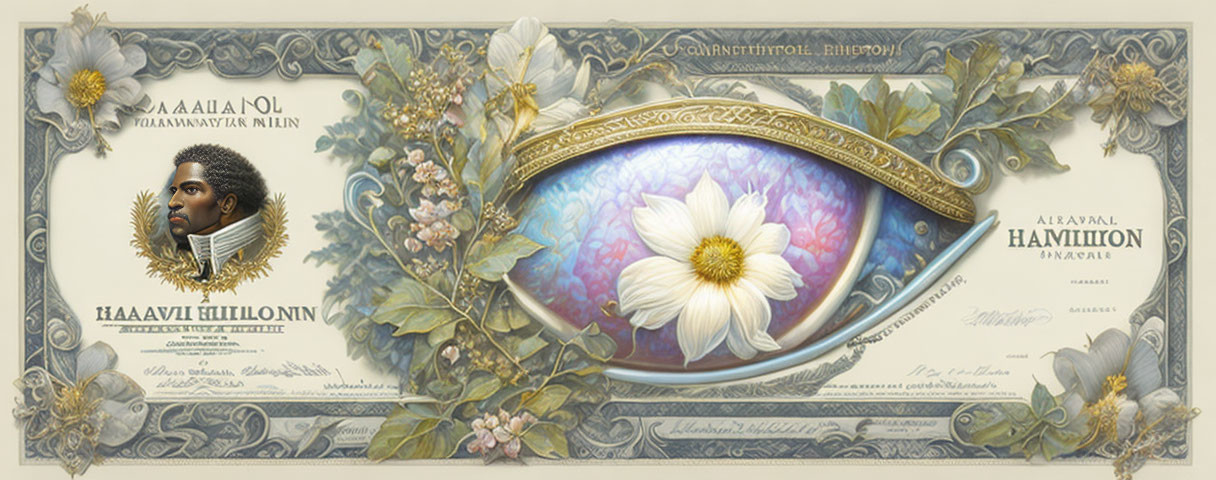 Detailed ornate image with man's portrait, floral patterns, and iridescent oval.