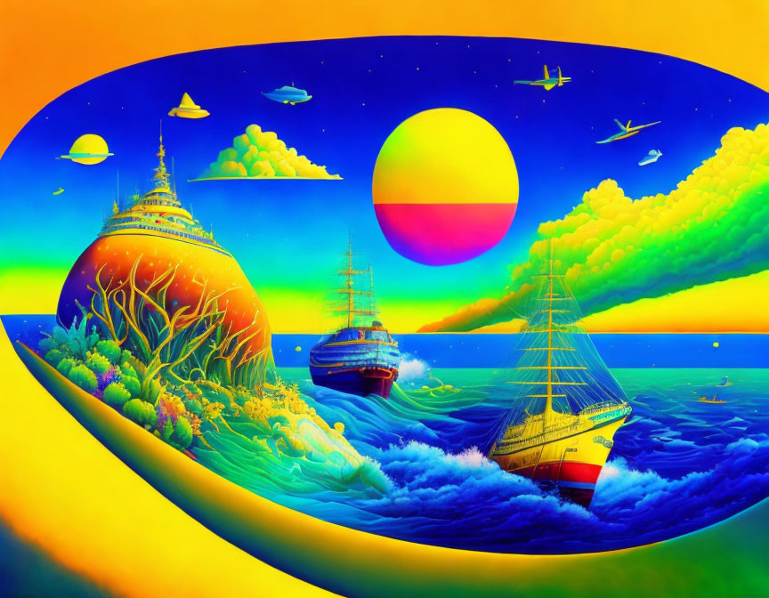 Surreal landscape with sun, saucers, ship, domes, and coral structures