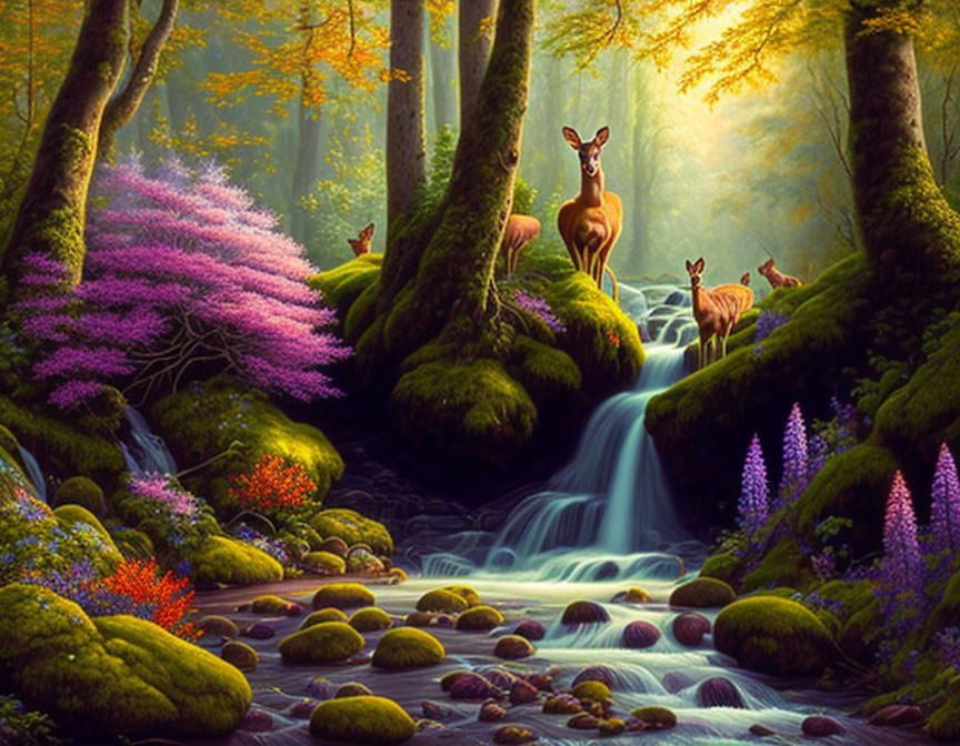 Deer in vibrant, magical forest with colorful plants