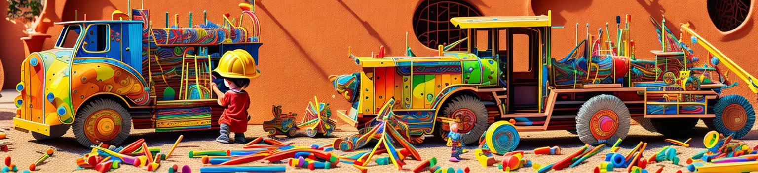 Vibrant animated scene: child in construction worker costume surrounded by colorful toy trucks and crayons