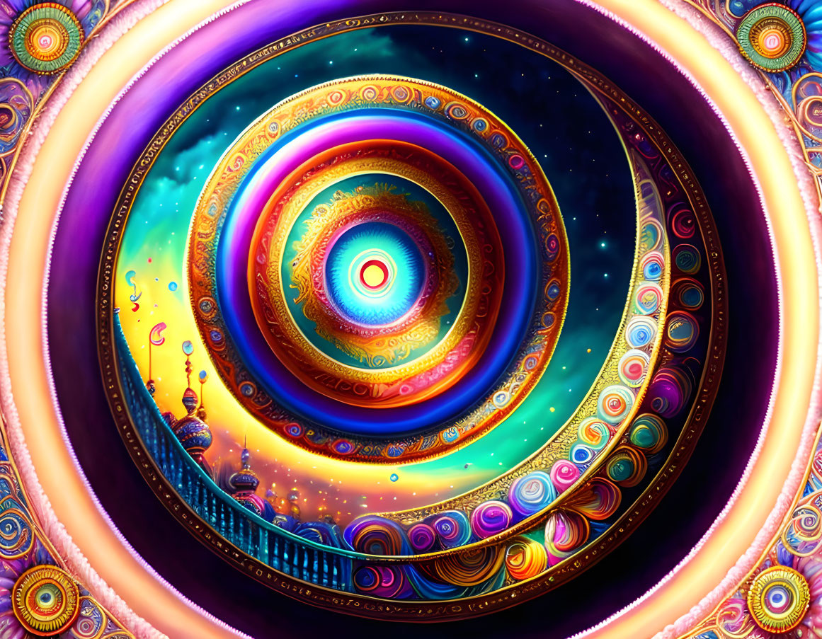 Colorful Psychedelic Spiral with Space and Architectural Elements