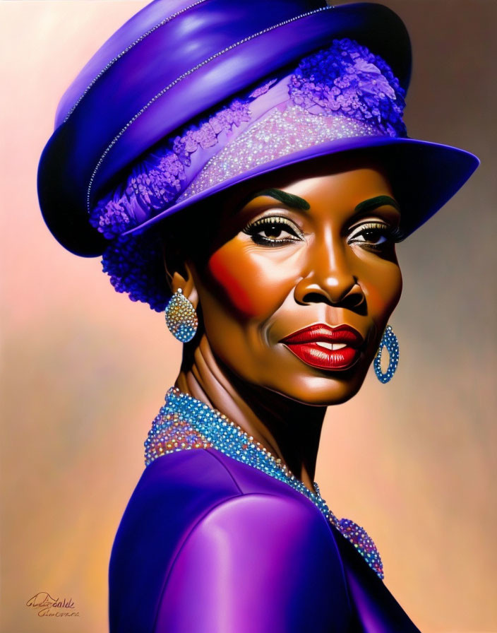 Stunning digital portrait of a woman in purple hat and attire