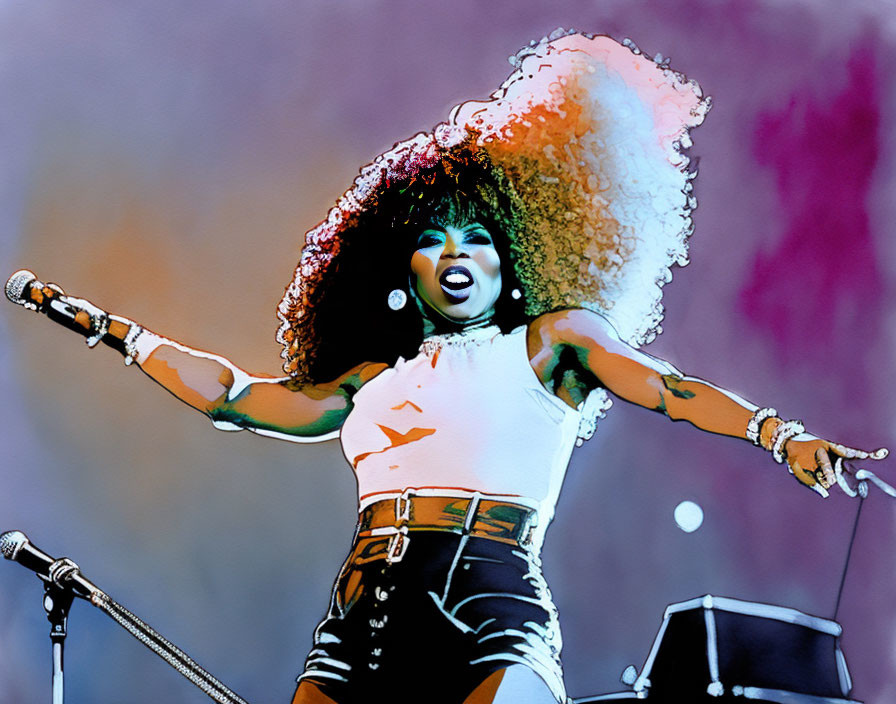 Colorful illustration: Woman with curly hair singing on stage.