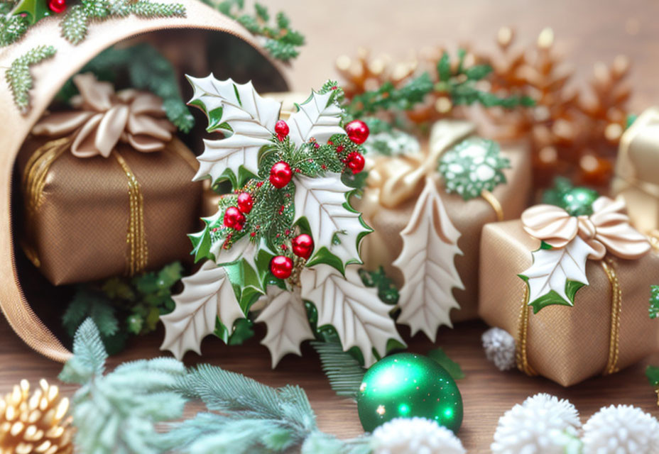 Christmas-themed arrangement with holly berries, gift boxes, pine cones, and evergreen branches.