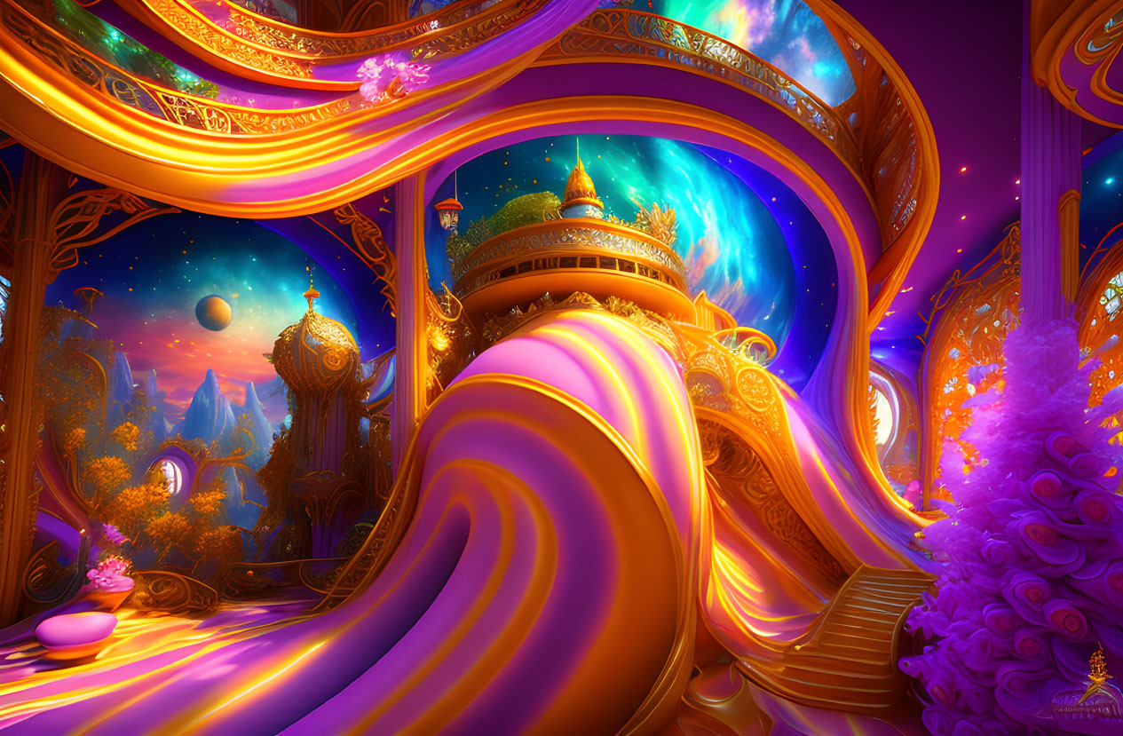 Fantasy palace with golden swirls, purple trees, and starry sky in surreal landscape