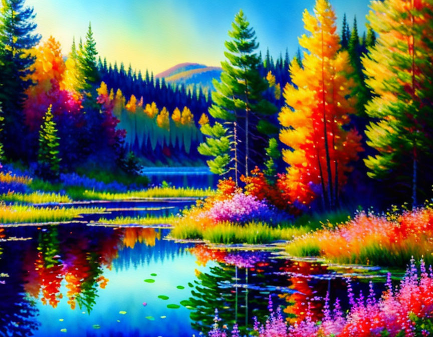 Colorful Autumn Trees Reflecting in Calm Lake - Vibrant Blues, Yellows, and