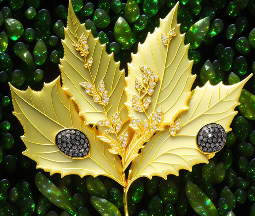 Golden Leaves with Jewels on Green Gemstone Background