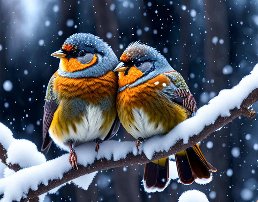 Colorful Birds on Snow-Covered Branch in Falling Snow