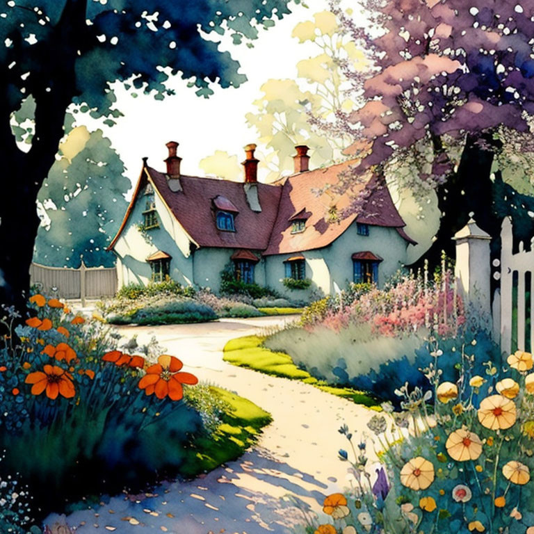 Thatched Roof Cottage Surrounded by Trees and Flowers