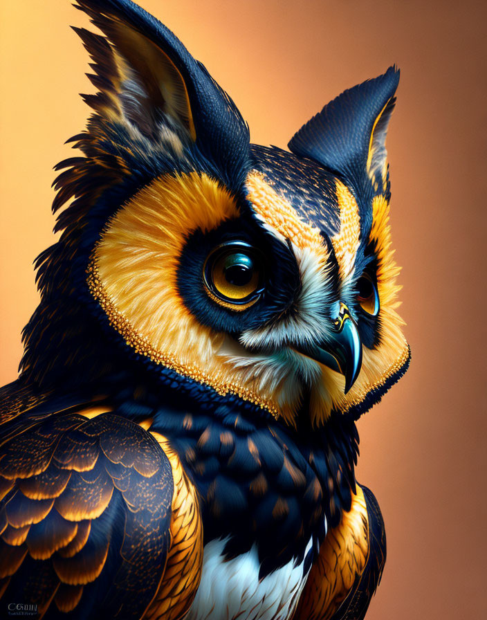 Detailed Owl Digital Artwork: Gold, Black, and White Feather Patterns on Amber Background