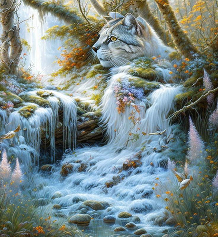 Majestic cat-faced waterfall in ethereal forest scenery