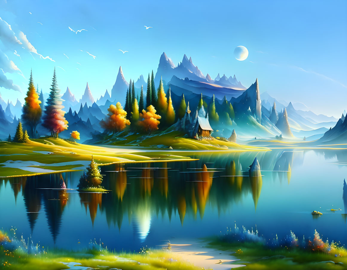 Vivid autumn trees by mirror-like lake with distant mountains and clear sky