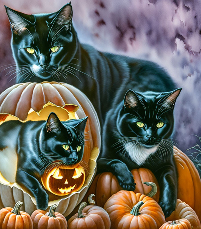 Black Cats with Carved Pumpkin on Spooky Purple Sky