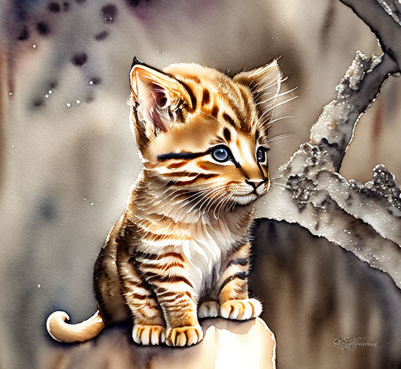 Adorable striped kitten watercolor painting on branch