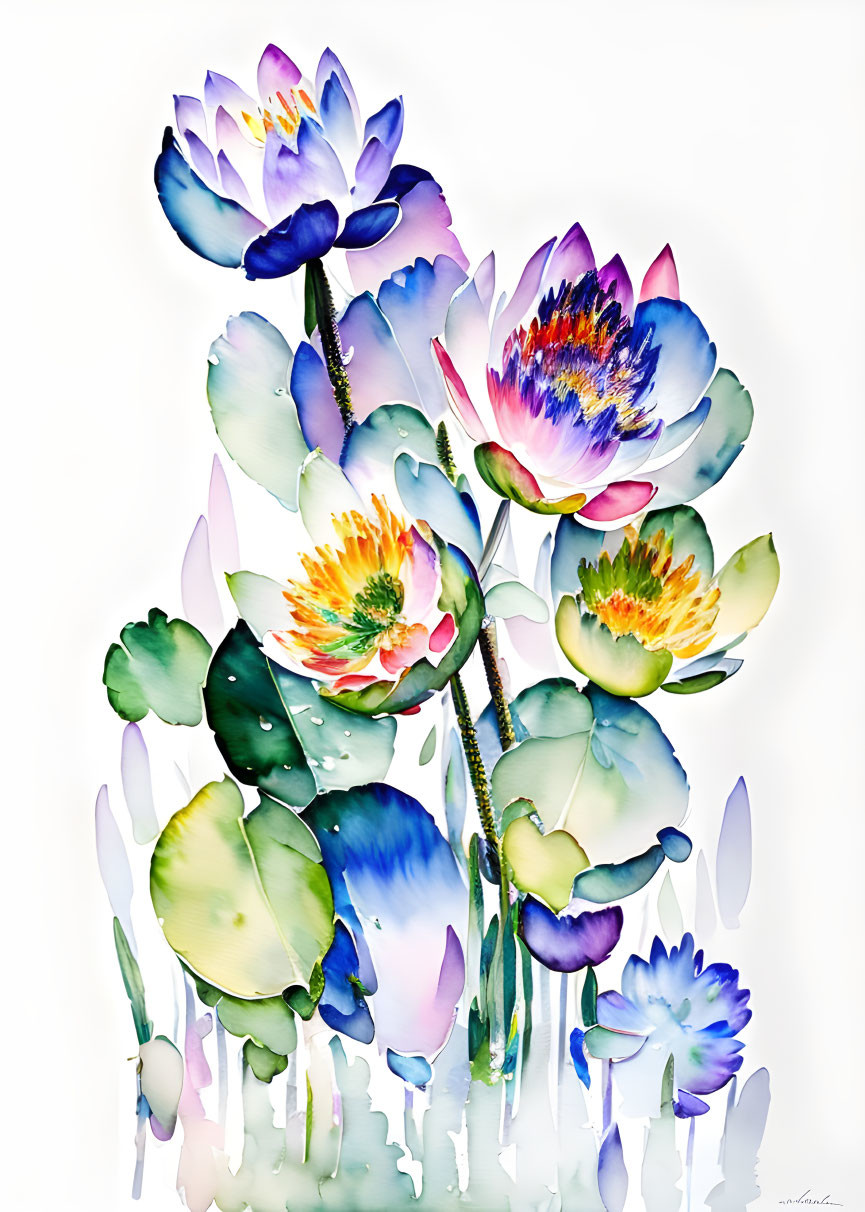 Colorful Watercolor Painting of Lotus Flowers in Blue and Purple Hues