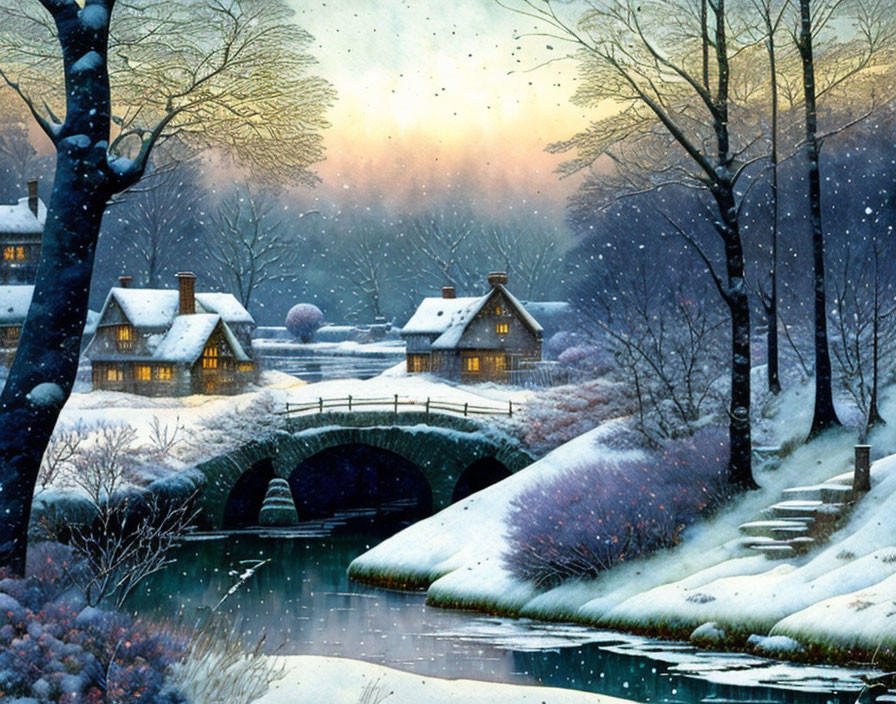 Snow-covered cottages, frozen river, bare trees: Tranquil winter sunset scene