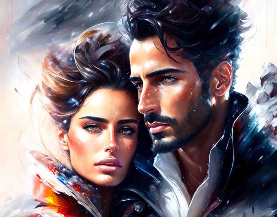 Stylized man and woman in vibrant digital artwork