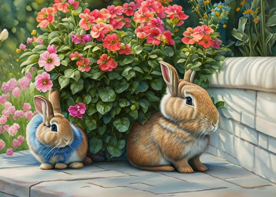 Rabbits with blue ribbon near pink and red flowers on cobblestone.