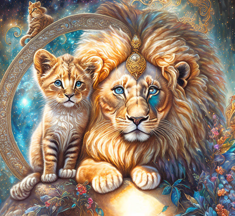 Majestic lion and cub in cosmic scene with floral elements