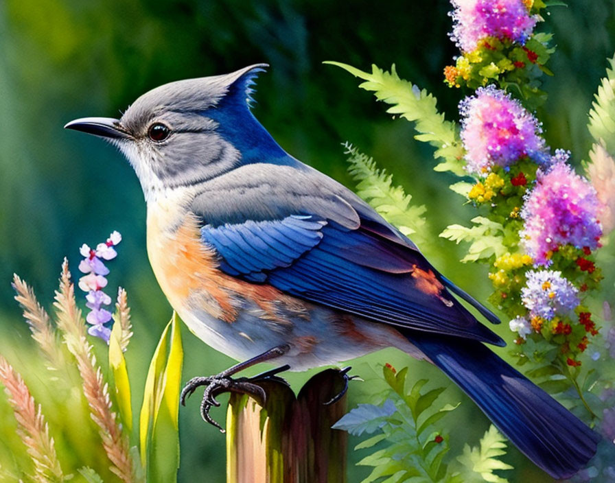 Colorful painting: Blue jay on fence post amidst lush greenery and florals