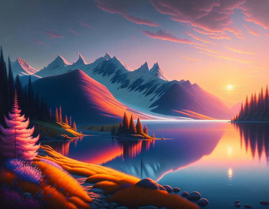 Surreal landscape digital art: vibrant trees, serene lake, sunset mountains