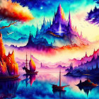 Colorful fantasy landscape with sailing ships, mountains, castle, and starlit sky