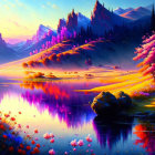 Colorful Landscape: Serene Lake, Pink Trees, Mountains, Flowers