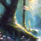 Enchanting forest with glowing foliage, tranquil stream, and luminous feathers