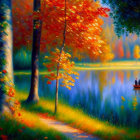 Serene lake painting with boat, autumn trees, and sunset colors