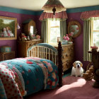 Vintage-styled bedroom with floral patterns, wooden crib, dresser, plush dog toys, and real dog