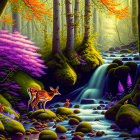 Deer in vibrant, magical forest with colorful plants