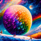 Colorful surreal landscape with textured sphere, moon, aurora sky, snowy terrain, trees, and