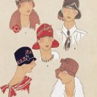 Vintage Attire: Four Elegant Women in Ornate Hats and Ruffled Blouses