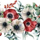 Colorful poppies illustration with red and white petals and green leaves.