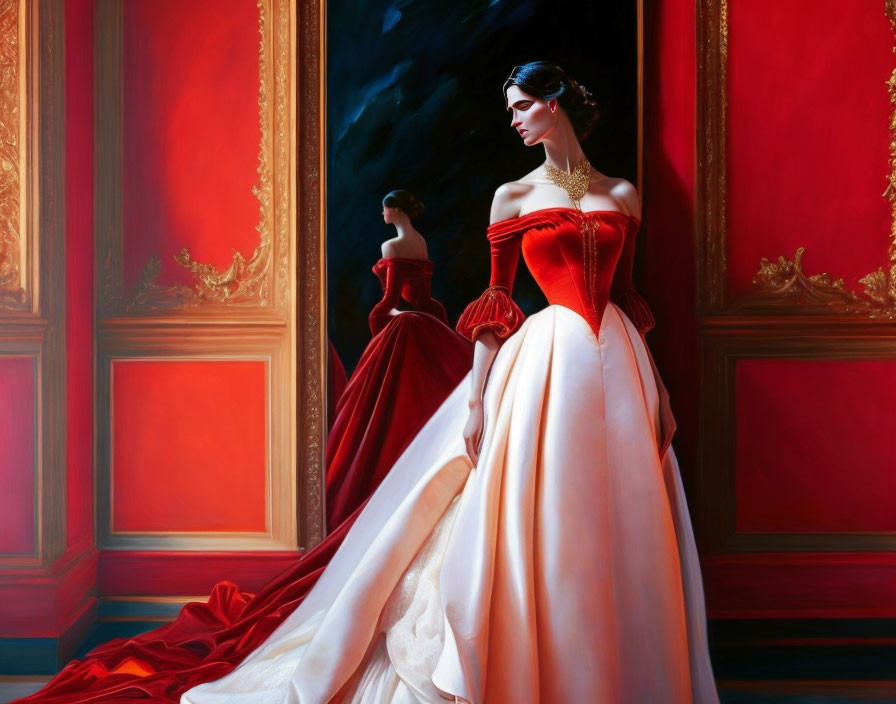 Woman in red and white gown with golden necklace in luxurious room with red walls.