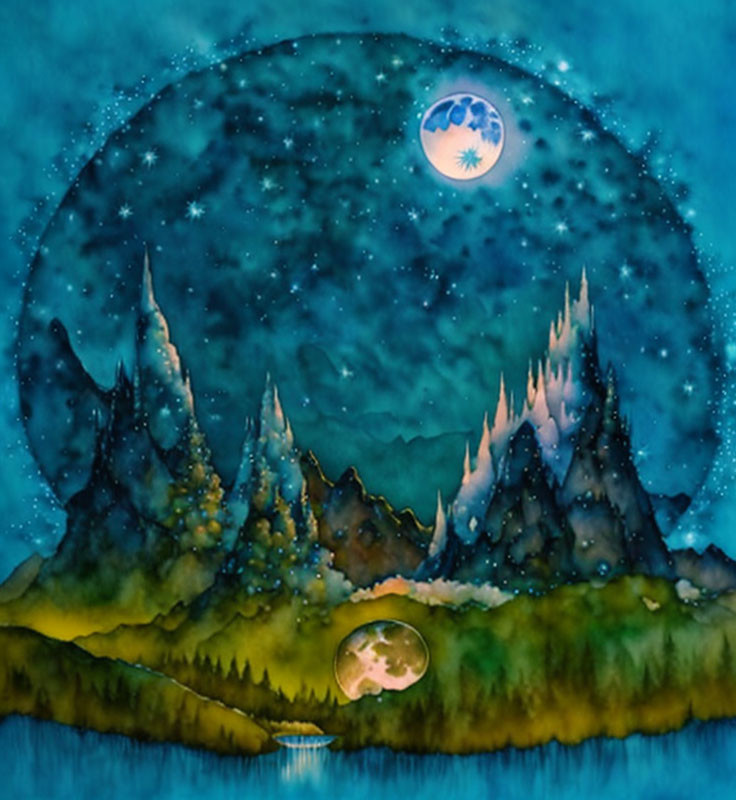 Mystical night landscape watercolor painting with mountains, starry sky, and full moon reflected in