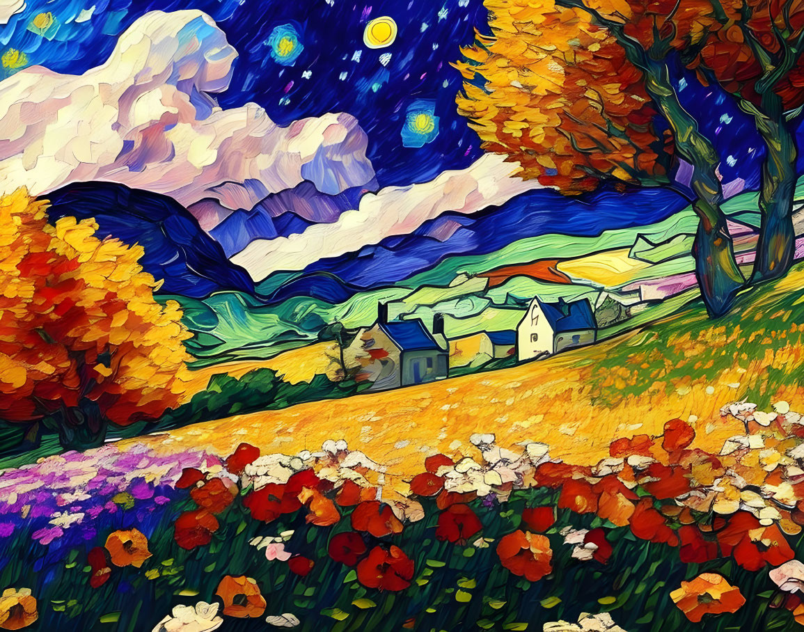 Colorful countryside painting with starry sky and autumn trees