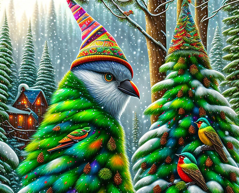 Colorful bird with beanie in snowy forest scene with cabin and birds