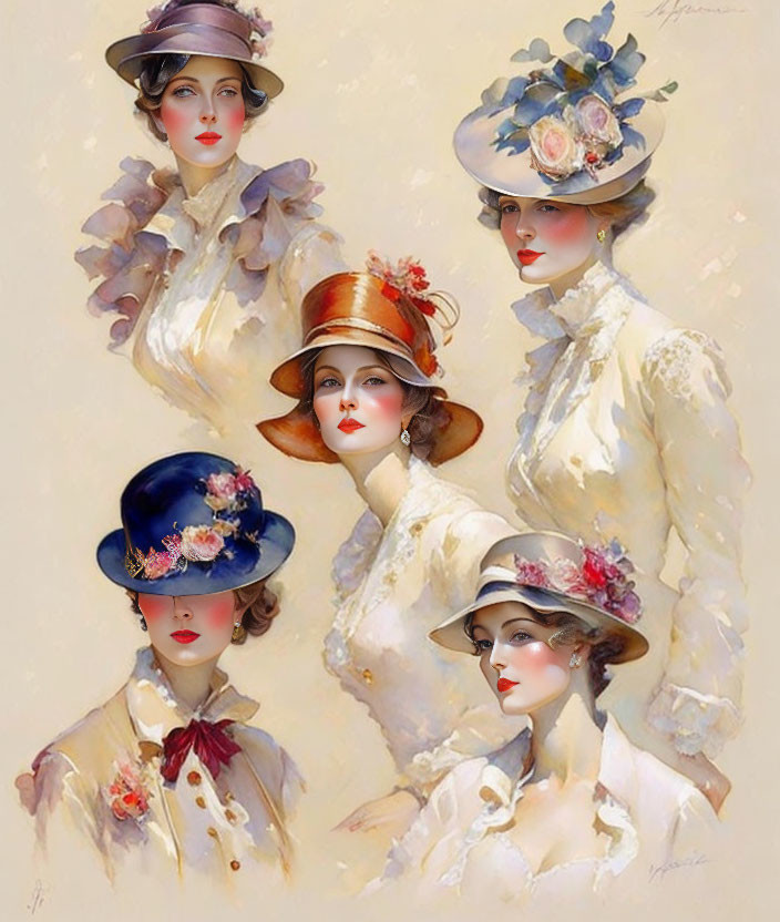 Vintage Attire: Four Elegant Women in Ornate Hats and Ruffled Blouses