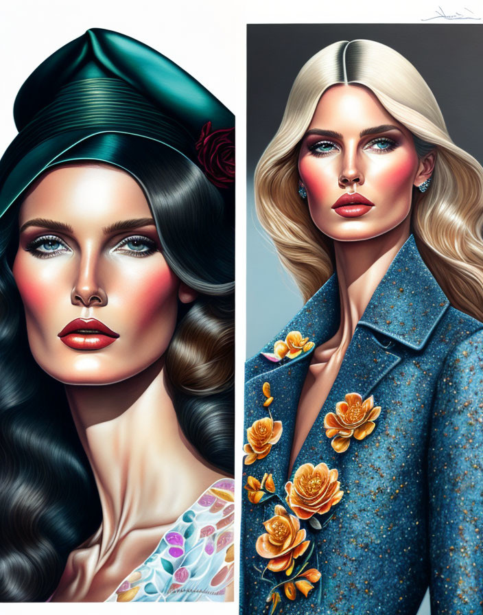 Stylized portraits of women with bold makeup and hair in green hat and sparkling blue outfit