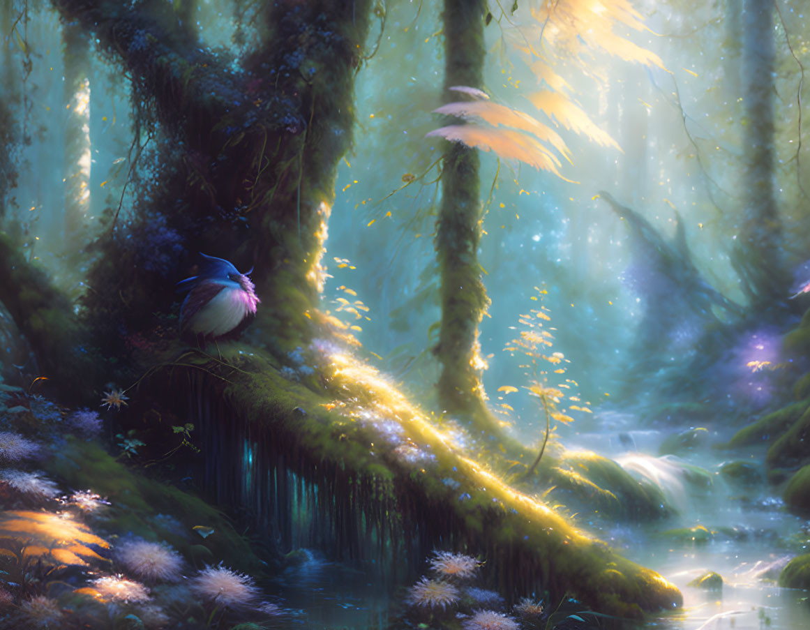 Enchanting forest with glowing foliage, tranquil stream, and luminous feathers