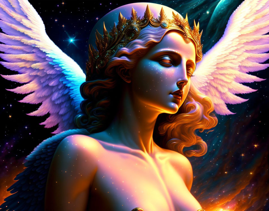 Golden-winged angel with cosmic backdrop and radiant crown