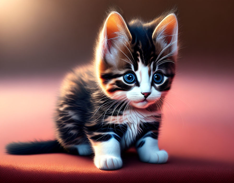 Striped black and brown kitten on soft surface gazes curiously