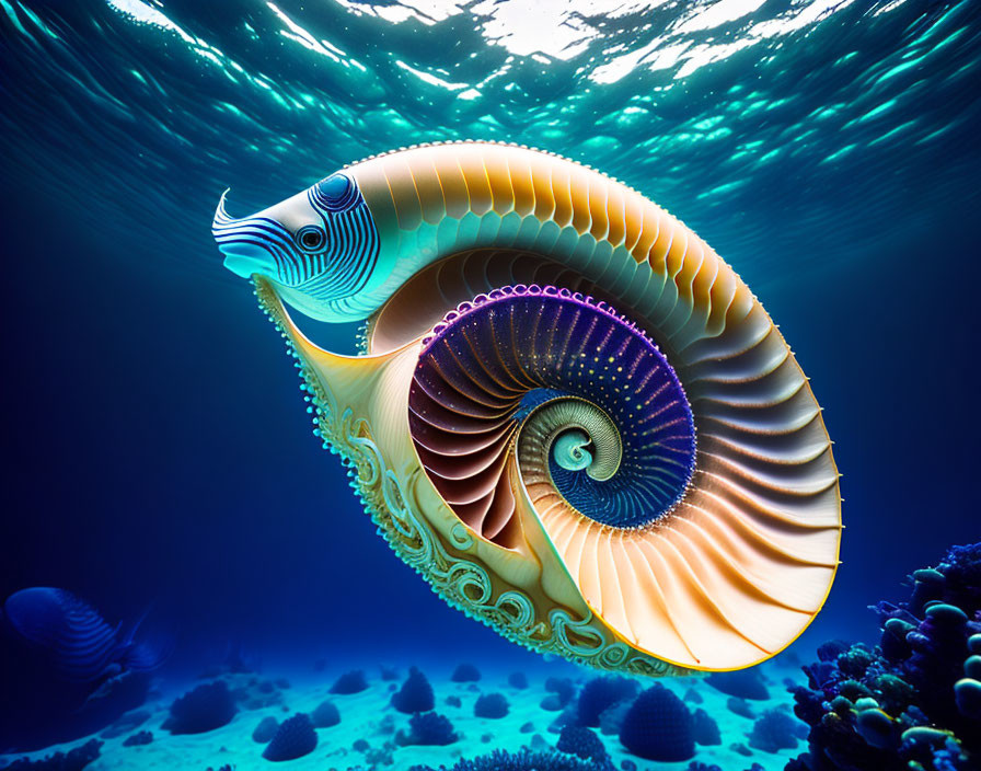 Colorful digital artwork: Nautilus shell, fish, sunlit ocean.